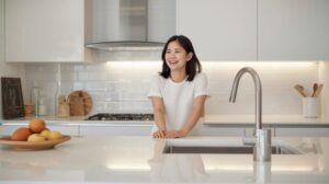 ピカピカのアイランドキッチンで喜ぶ日本人30才奥様