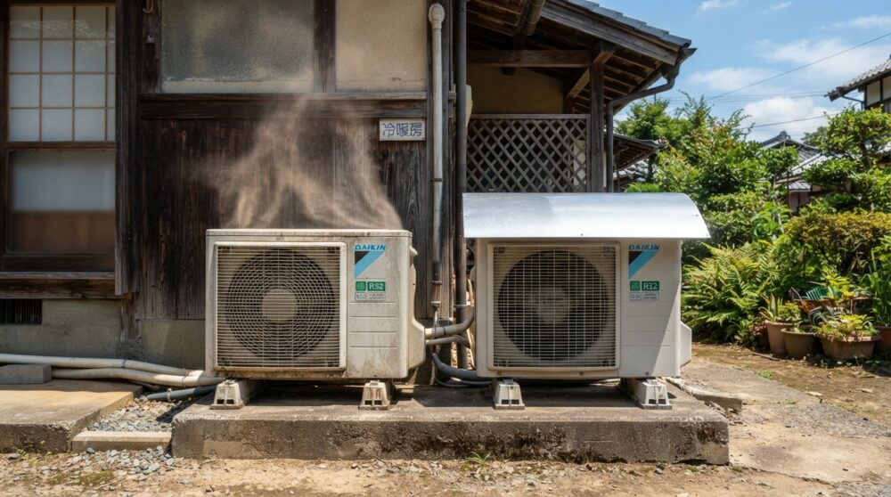 エアコンの設定温度を変えなくていいです。「室外機」を日陰にするだけで電気代が下がります