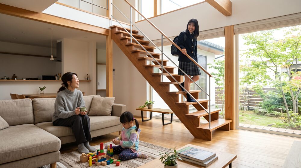 Realistic photo-style interior of a modern Japanese family home. A Japanese teenage child and their teenage friend are walking upstairs together on a staircase located in a hallway, chatting casually and carrying backpacks. In the nearby living room, several Japanese adults are sitting on sofas and having a relaxed conversation with guests. The teenagers can access the second floor without passing through the living room, clearly demonstrating privacy and independent movement for both the children and the adults. Modern Japanese residential architecture, warm wood flooring, neutral beige and gray interior, soft natural daylight, realistic everyday family scene, no text, no logos, wide horizontal composition, 16:9.