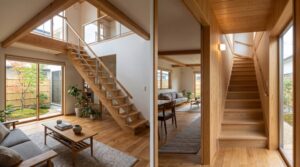 Realistic photo-style interior of a modern Japanese family home. A Japanese teenage child and their teenage friend are walking upstairs together on a staircase located in a hallway, chatting casually and carrying backpacks. In the nearby living room, several Japanese adults are sitting on sofas and having a relaxed conversation with guests. The teenagers can access the second floor without passing through the living room, clearly demonstrating privacy and independent movement for both the children and the adults. Modern Japanese residential architecture, warm wood flooring, neutral beige and gray interior, soft natural daylight, realistic everyday family scene, no text, no logos, wide horizontal composition, 16:9.