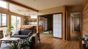 16:9 aspect ratio, realistic architectural interior photograph of a modern Japanese bedroom, a hinged swing door opening inward toward a large bed positioned close to the doorway, the opened door physically overlapping and nearly colliding with the bed, clearly demonstrating how a swing door can interfere with furniture placement, limited circulation space, realistic residential proportions, clean contemporary Japanese interior, natural wood flooring, neutral walls, soft daylight, wide-angle view that clearly shows both the door swing and the furniture, photorealistic architectural photography, no people, no text, no arrows, no labels