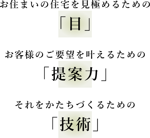 お住まいの住宅を見極めるための「目」お客様のご要望を叶えるための「提案力」それをかたちづくるための「技術」